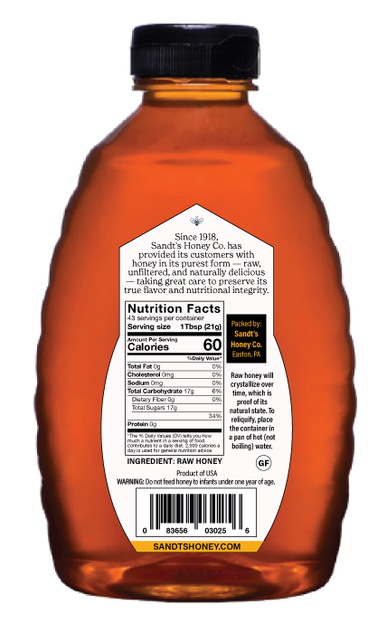 Sandt's Honey 2LB Orange Blossom Nutrition back label