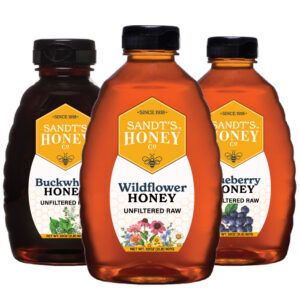 A bundle of 1 lb favorites Buckwheat, Wildflower and Blueberry flavors of Sandt's Honey