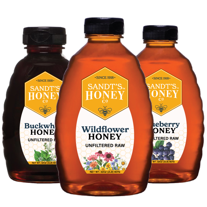 A bundle of 1 lb favorites Buckwheat, Wildflower and Blueberry flavors of Sandt's Honey