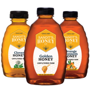 A bundle of 1 lb favorites Clover, Golden and Orange Blossom flavors of Sandt's Honey