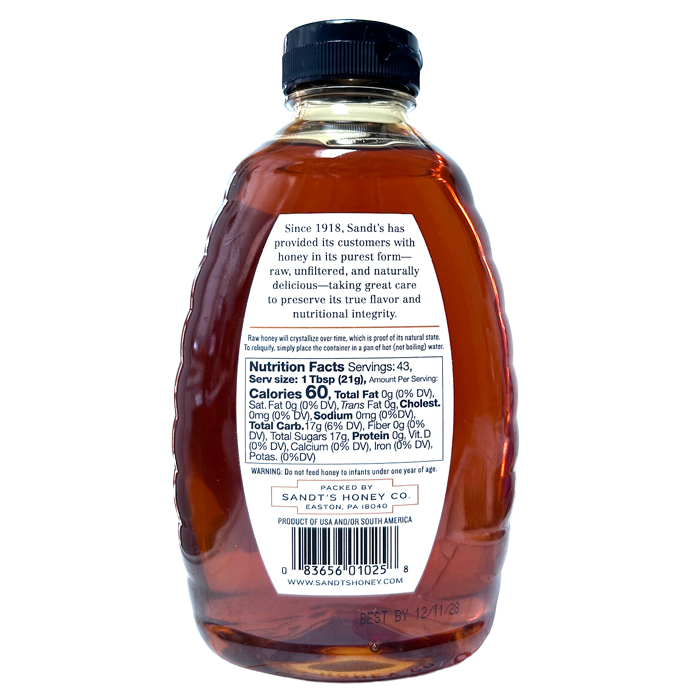Sandt's Honey Nutrition Facts -Golden, Alfalfa, Wildflower, Orange Blossom, Clover
